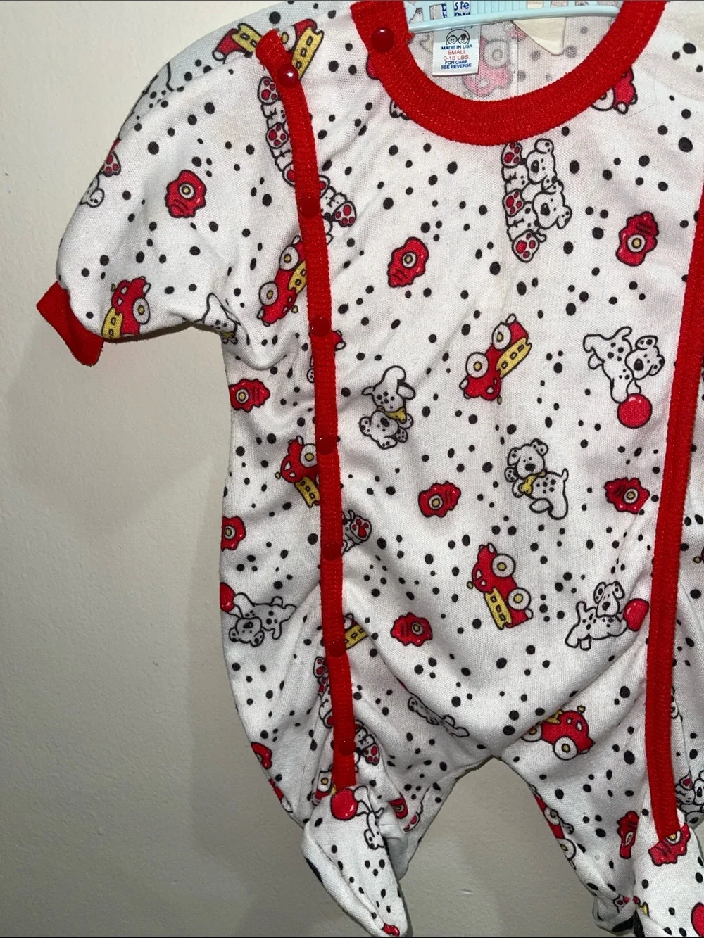 Vintage Buster Brown Footie One-Piece Sleeper Firemen Dalmatians Red Trim Sz 0/3